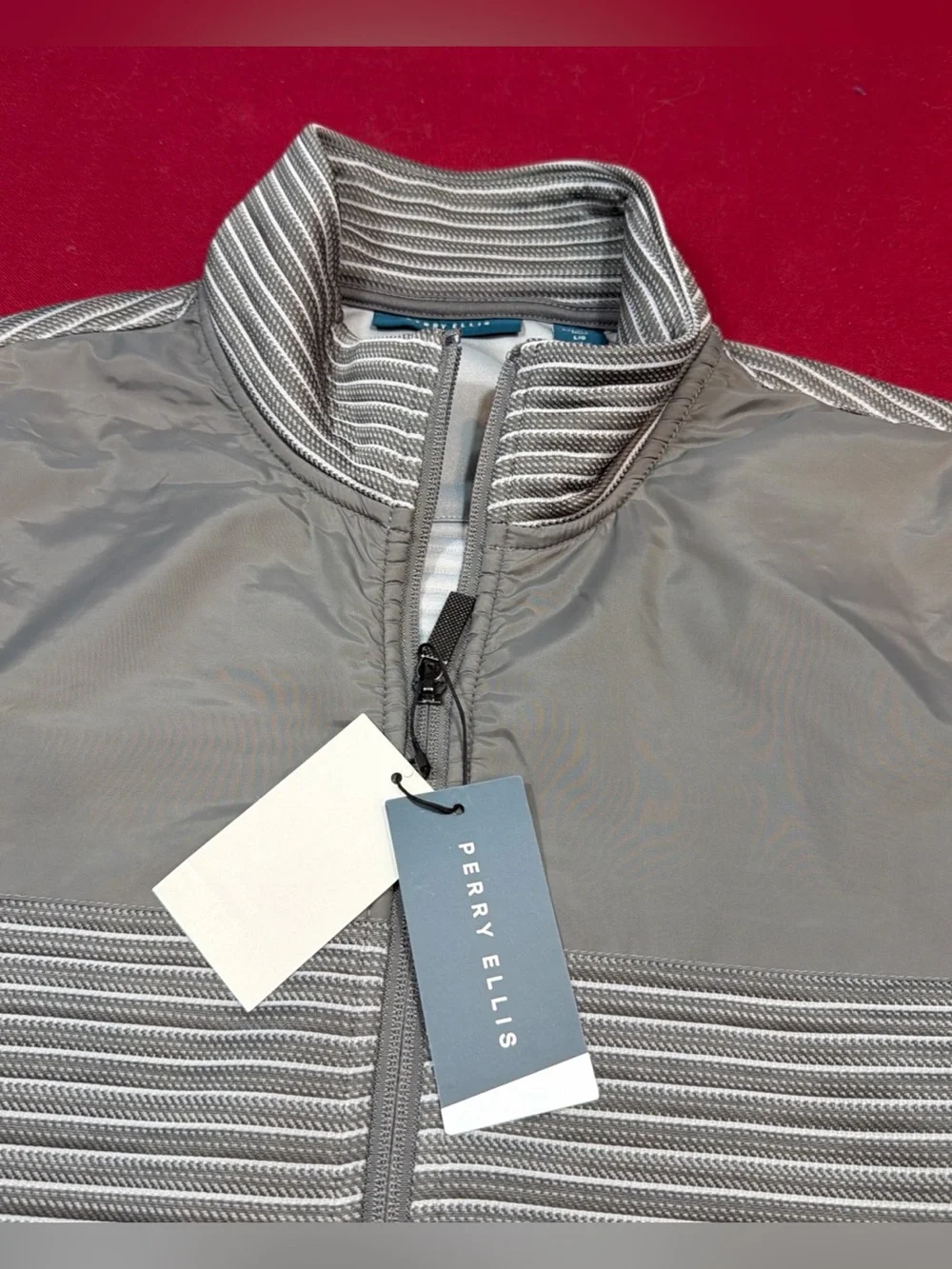 Perry Ellis NEW Men's L Gray striped Ribbed Full Zip Jacket Light Weight Pockets